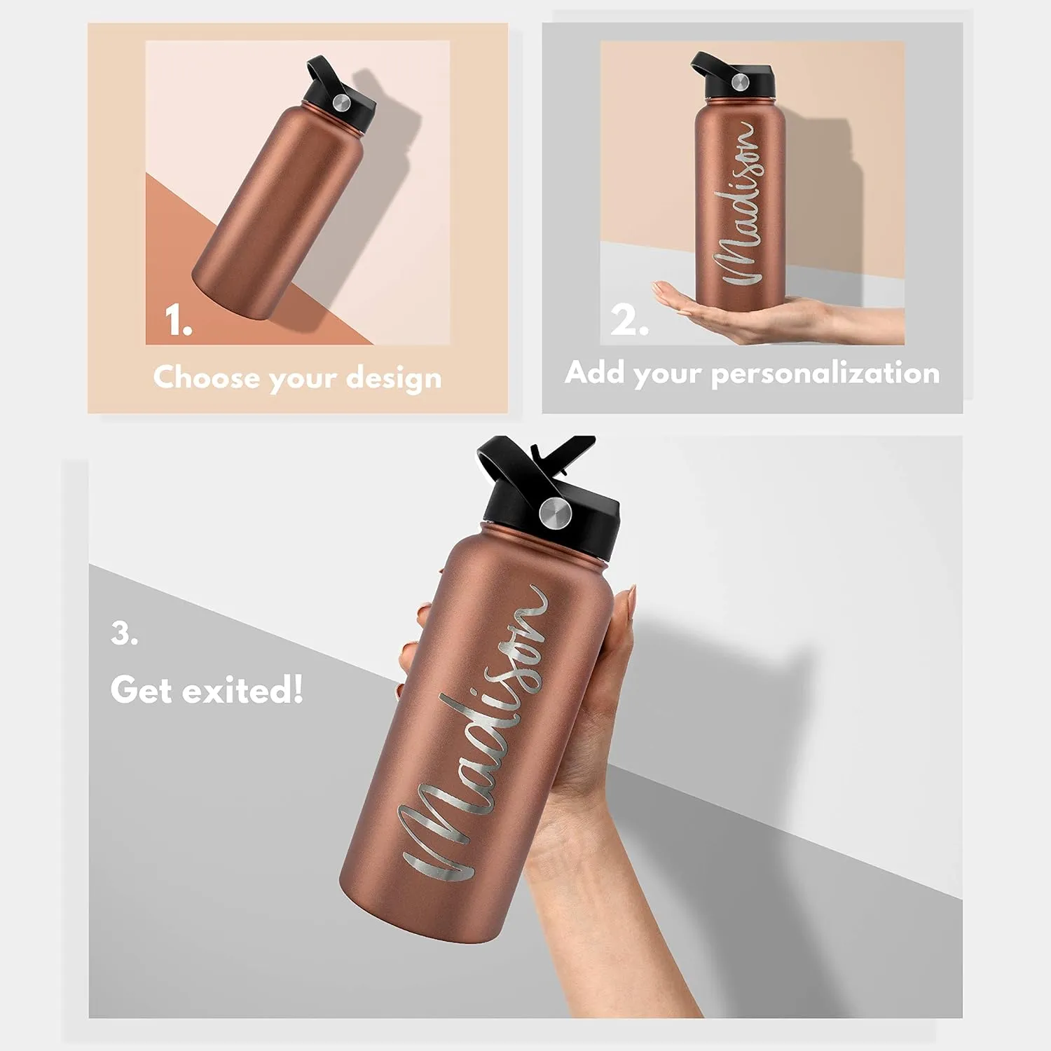 Amazing Items Personalized Water Bottle w/Straw & Lid, 32 oz - Gray | Custom Stainless Steel Sports Water Bottle w/Name and Text - Double-Wall, Vacuum Insulated - Rotating Handle