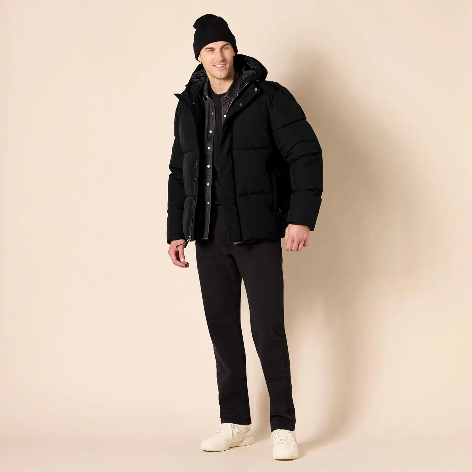 Amazon Essentials Men's Mid-Length Hooded Puffer Coat (Available in Big & Tall)