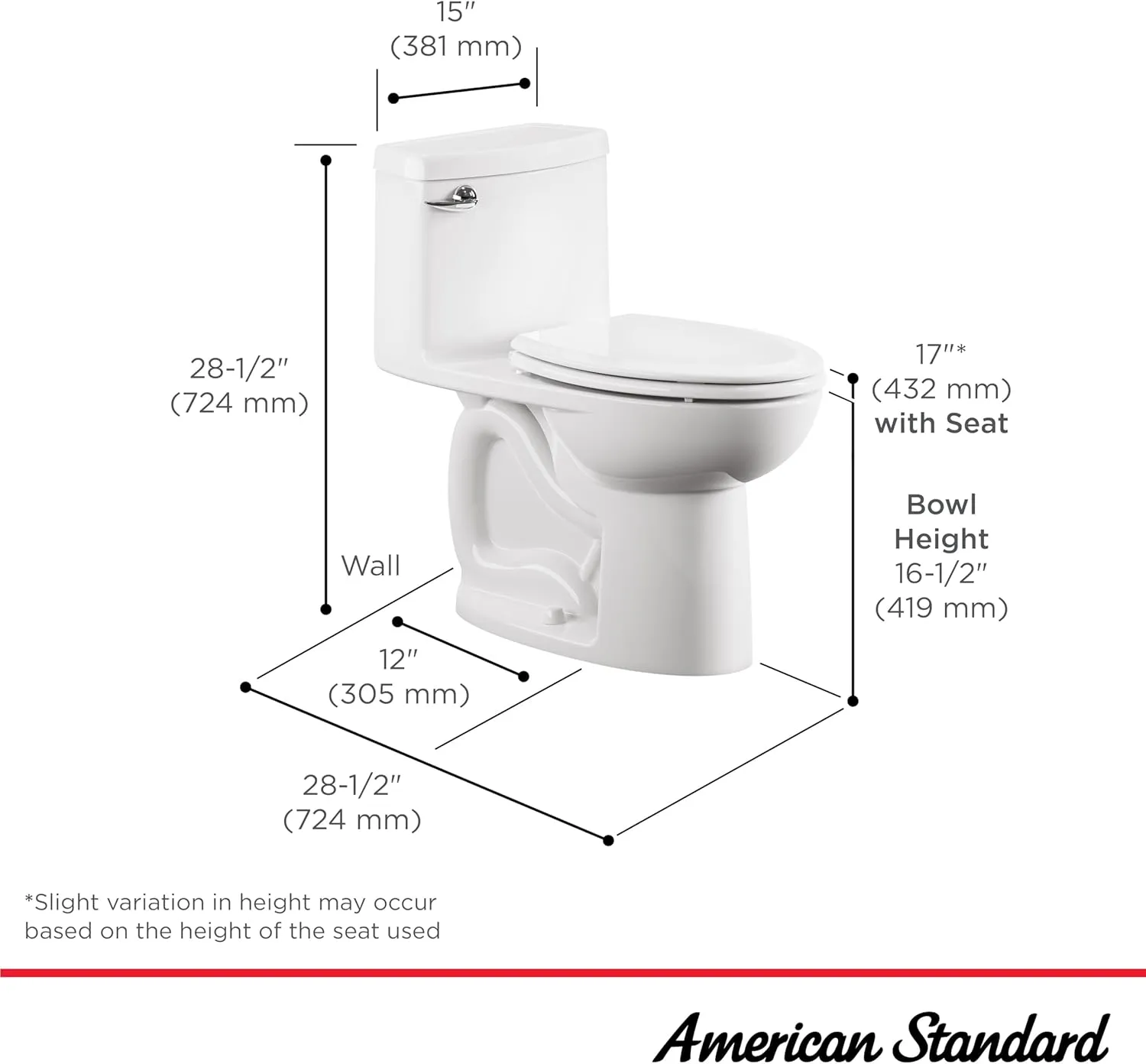 American Standard 612AA001.020 Compact Cadet 3, One-Piece Toilet with Slow-Close Seat and Wax Ring, Elongated Front, Left-Hand Flush, White, 1.28 gpf