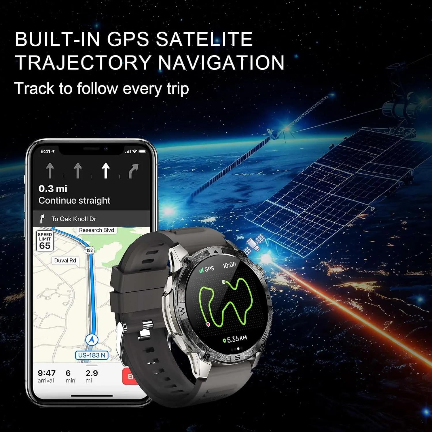 AMOLED Military Smart Watch with GPS, Heart Rate/Blood Pressure/SpO2 Monitor, 65-Day Battery, 30M Waterproof, Compass, Altimeter - Outdoor Sports Fitness Tracker for Android iOS