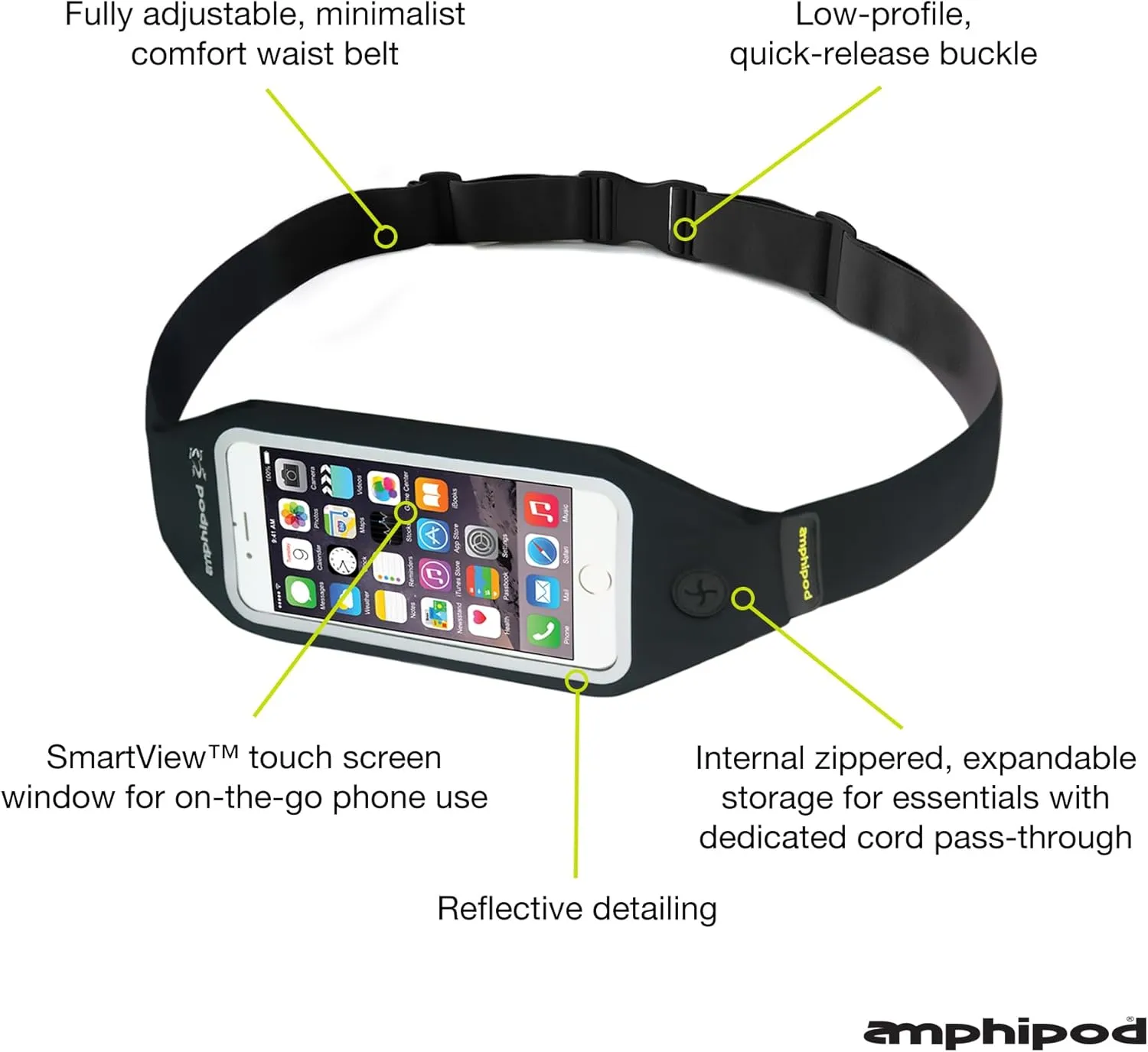 Amphipod SmartView Waistpack, Touch-Screen Phone Compatible Storage for Running, Jogging & Walking, Men & Women - Black - XL