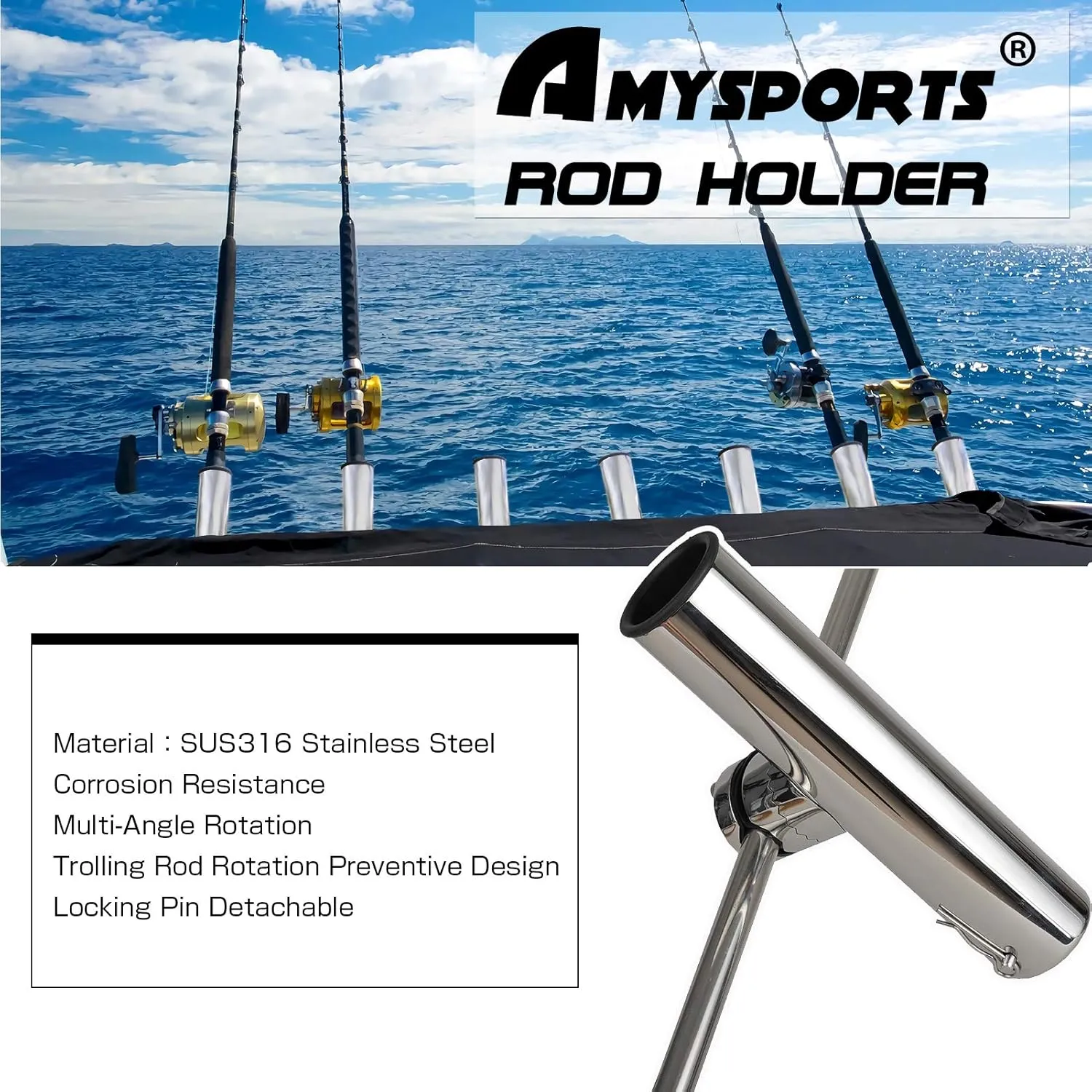AMYSPORTS Stainless Clamp Rod Holder Steel Mount Fishing Pole Holder Adjustable Kayak Rail Rods Holders Boat for Kayak Fishing 2pcs