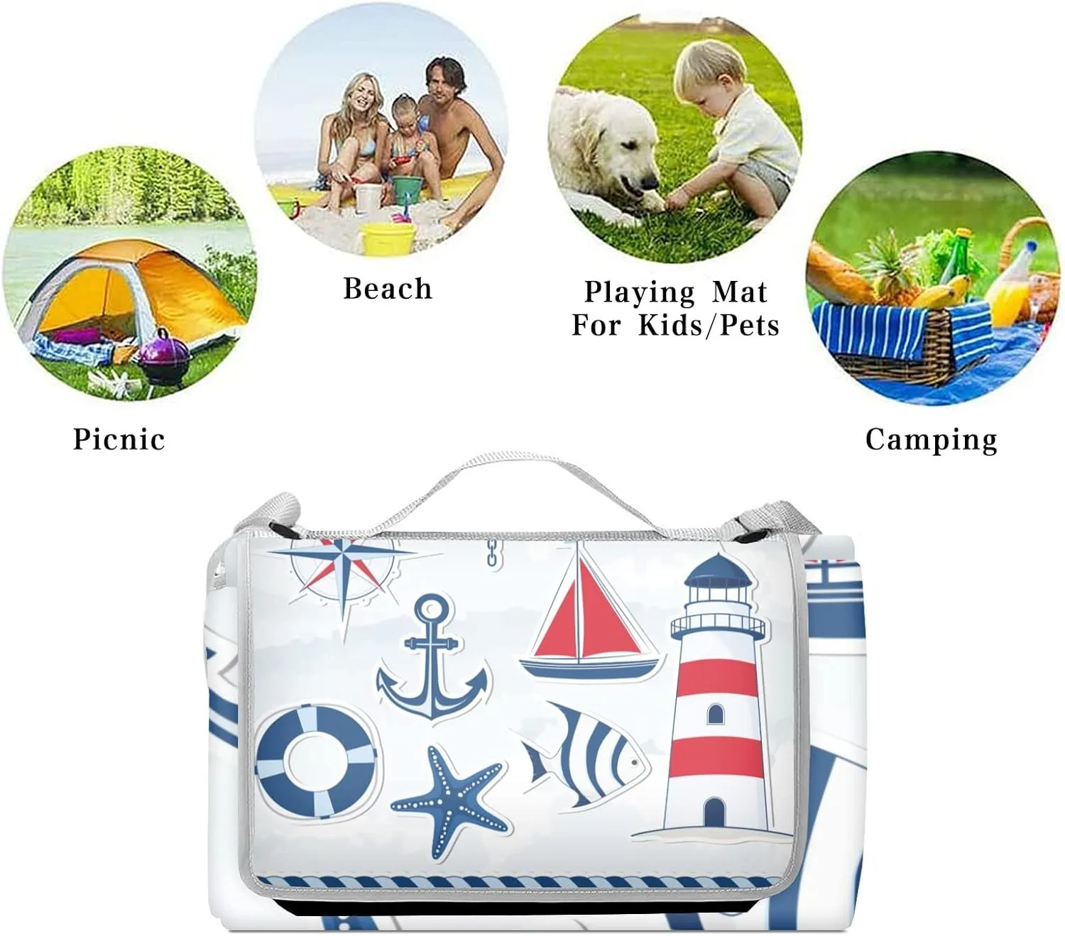 Anchor Compass Boat Picnic Blankets Waterproof Foldable,Outdoor Blanket Beach Mat 59"X 59" Handy Mat Tote for Camping Hiking
