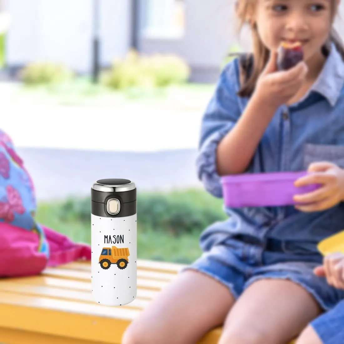 Andaz Press Personalized Kids Tumbler Construction Truck Kids Stainless Steel Water Bottle With Leakproof Flip Lid- 10oz Bpa-Free Personalized Cups For Boys Students Birthday Party Favors Gifts 1-Pack