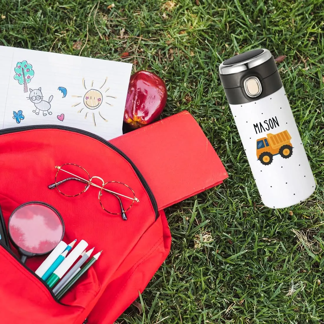 Andaz Press Personalized Kids Tumbler Construction Truck Kids Stainless Steel Water Bottle With Leakproof Flip Lid- 10oz Bpa-Free Personalized Cups For Boys Students Birthday Party Favors Gifts 1-Pack
