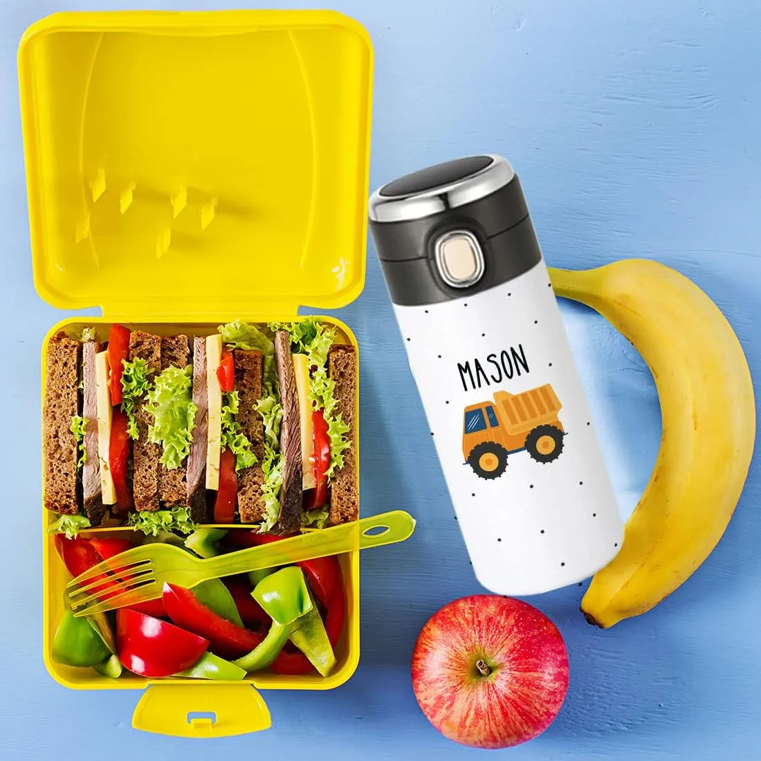 Andaz Press Personalized Kids Tumbler Construction Truck Kids Stainless Steel Water Bottle With Leakproof Flip Lid- 10oz Bpa-Free Personalized Cups For Boys Students Birthday Party Favors Gifts 1-Pack
