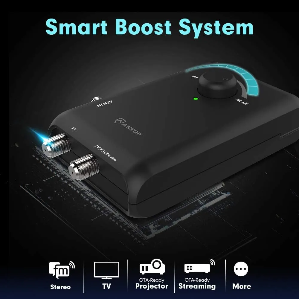 Antop HD Smart Boost Antenna Amplifier,TV Antenna Amplifier Signal Booster, HDTV Booster with Dual Outputs for 2 TVs, HD Digital VHF UHF FM Amplifier,Compatible with Any Non-Amplified Antennas