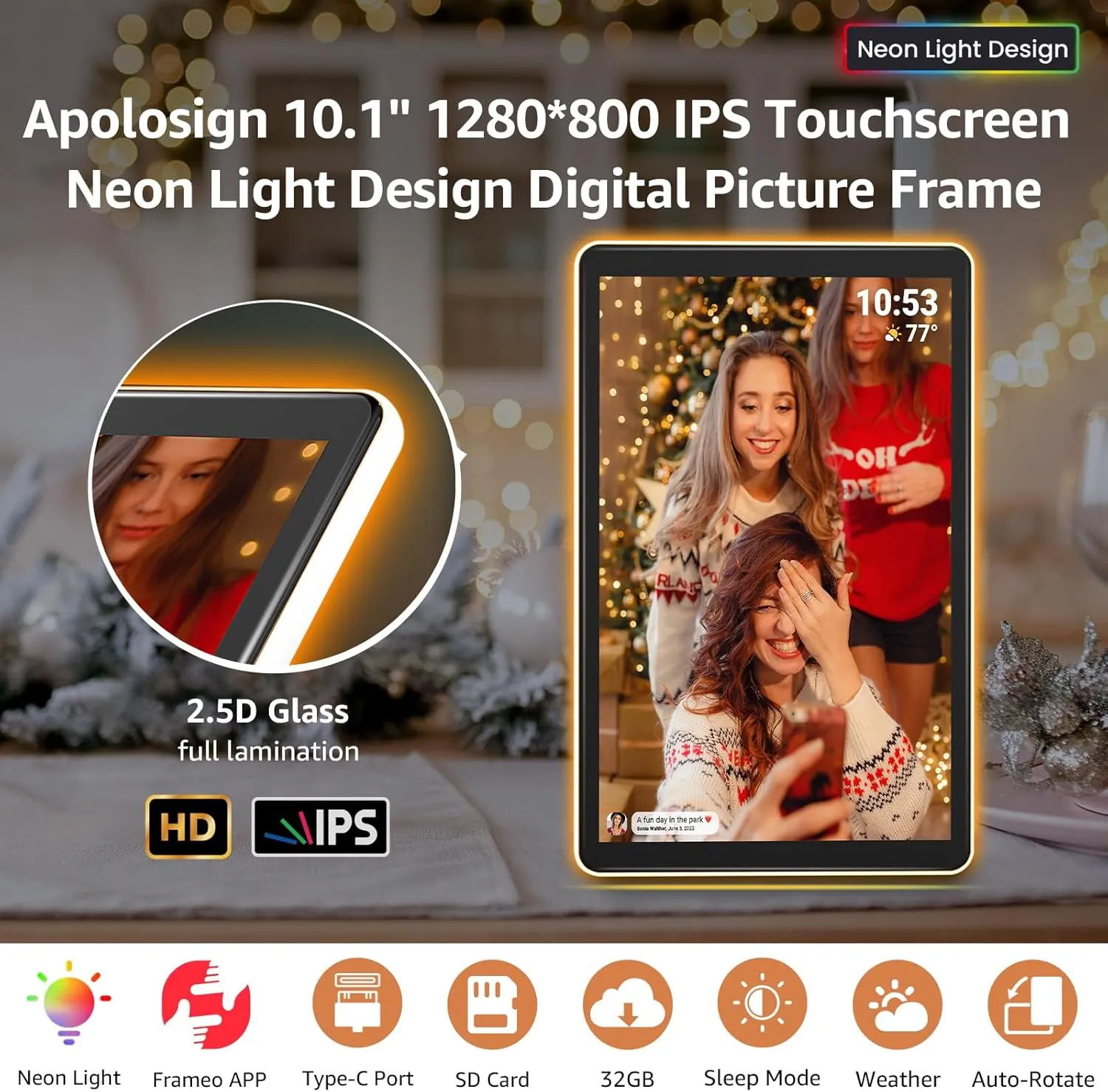 ApoloSign Neon Light Digital Picture Frame - 10.1" HD Display | AI Color-Changing LED Strip Digital Photo Frame | Quick Share Photos/Videos, Easy Setup in Frameo App | Best Digital Frame for Gifting