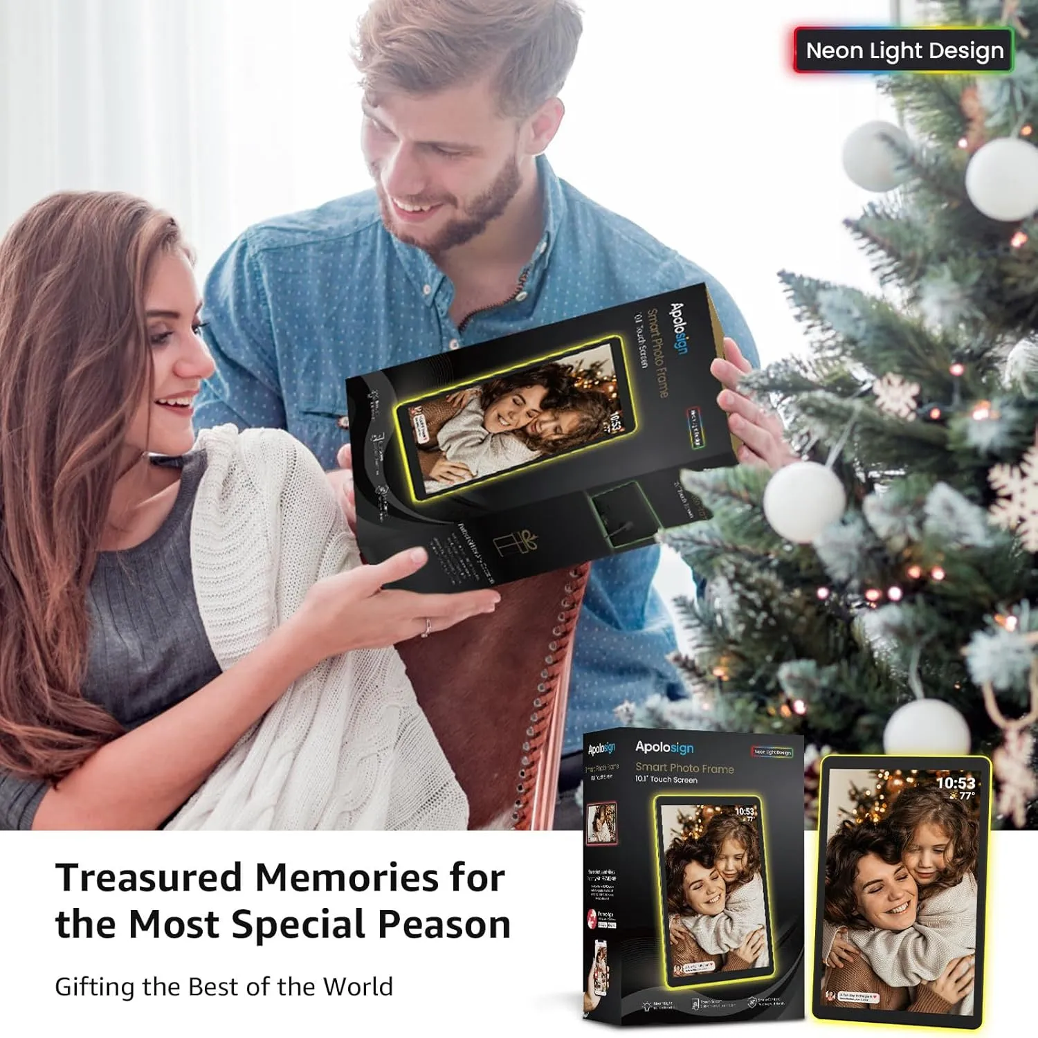 ApoloSign Neon Light Digital Picture Frame - 10.1" HD Display | AI Color-Changing LED Strip Digital Photo Frame | Quick Share Photos/Videos, Easy Setup in Frameo App | Best Digital Frame for Gifting
