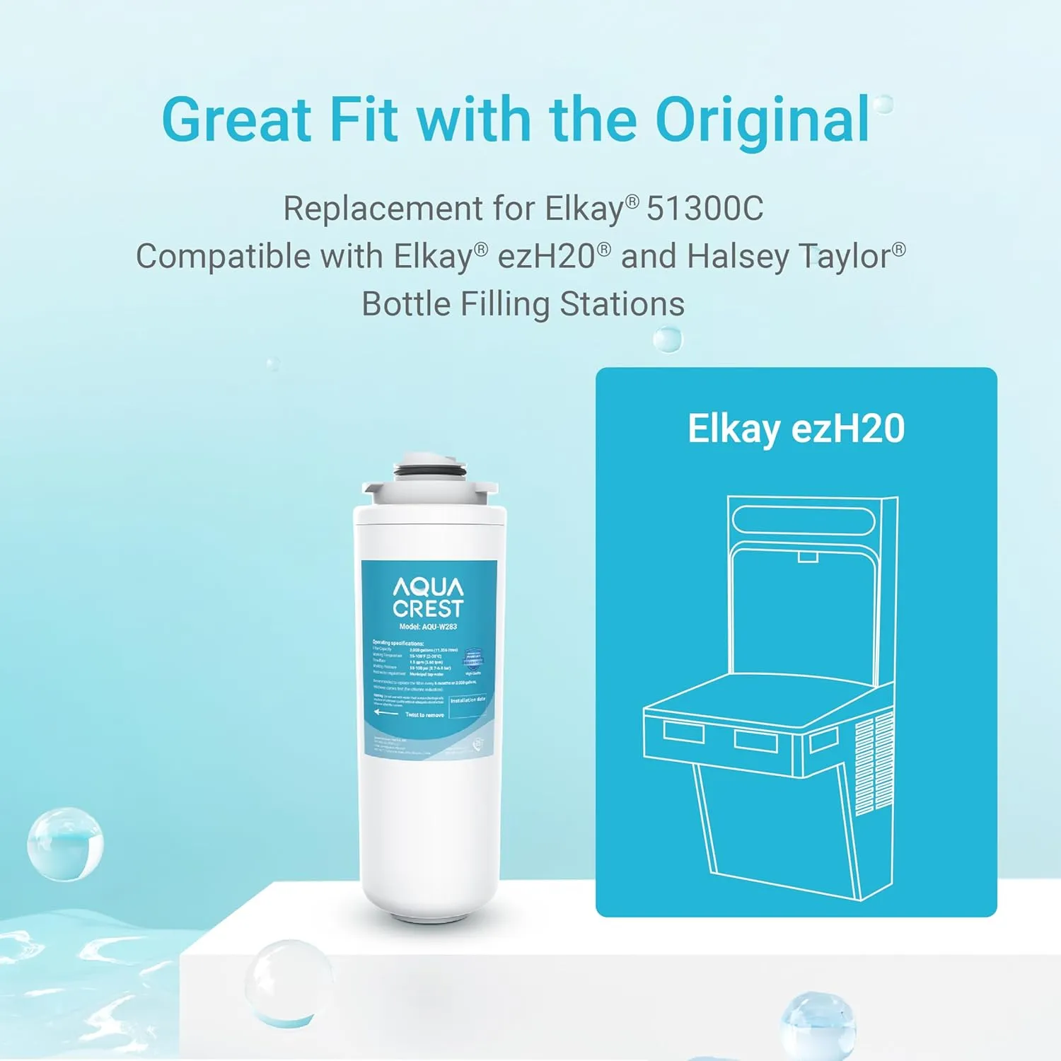 AQUA CREST 51300C Replacement Water Filter for Elkay® 51300C, [WITH CHIP] Compatible with Elkay® ezH20® and Halsey Taylor® Bottle Filling Stations, NSF/ANSI Certified, 3000 Gallons, 2 Count