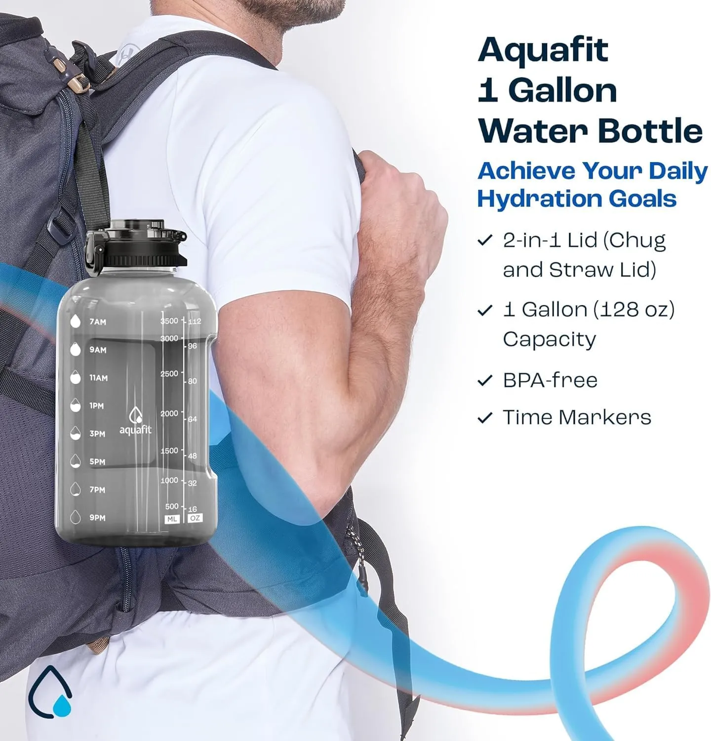 AQUAFIT 1 Gallon Water Bottle with Time Marker - 2in1 Straw & Chug Lid - BPA Free Big Water Bottle with Straw - Gym Water Bottle with Handle - Gallon Water Jug (128 oz - 2in1 Lid, Nebula)