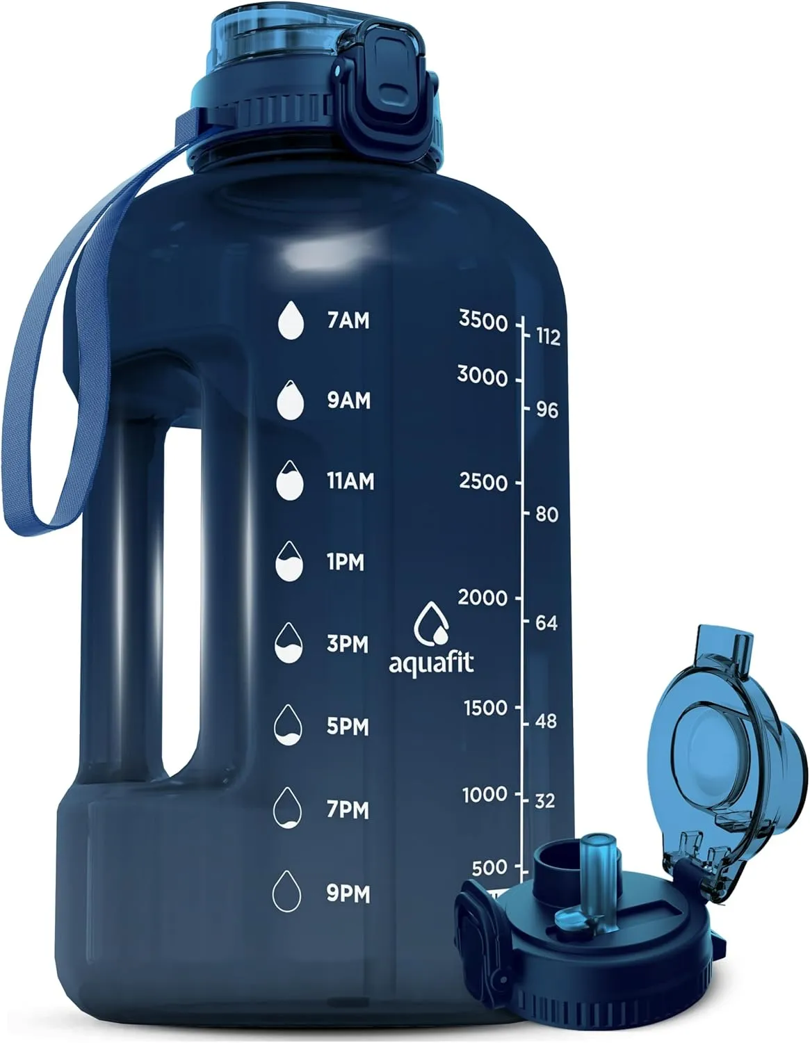 AQUAFIT 1 Gallon Water Bottle with Time Marker - 2in1 Straw & Chug Lid - BPA Free Big Water Bottle with Straw - Gym Water Bottle with Handle - Gallon Water Jug (128 oz - 2in1 Lid, Nebula)