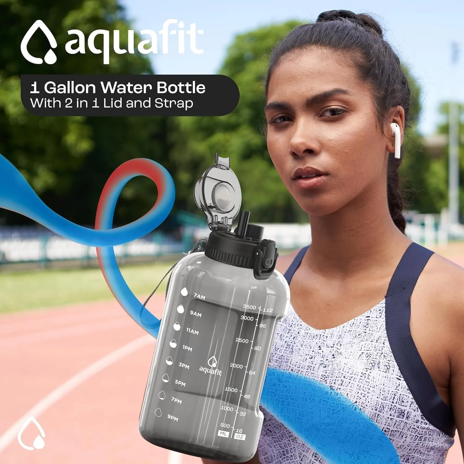 AQUAFIT 1 Gallon Water Bottle with Time Marker - 2in1 Straw & Chug Lid - BPA Free Big Water Bottle with Straw - Gym Water Bottle with Handle - Gallon Water Jug (128 oz - 2in1 Lid, Nebula)