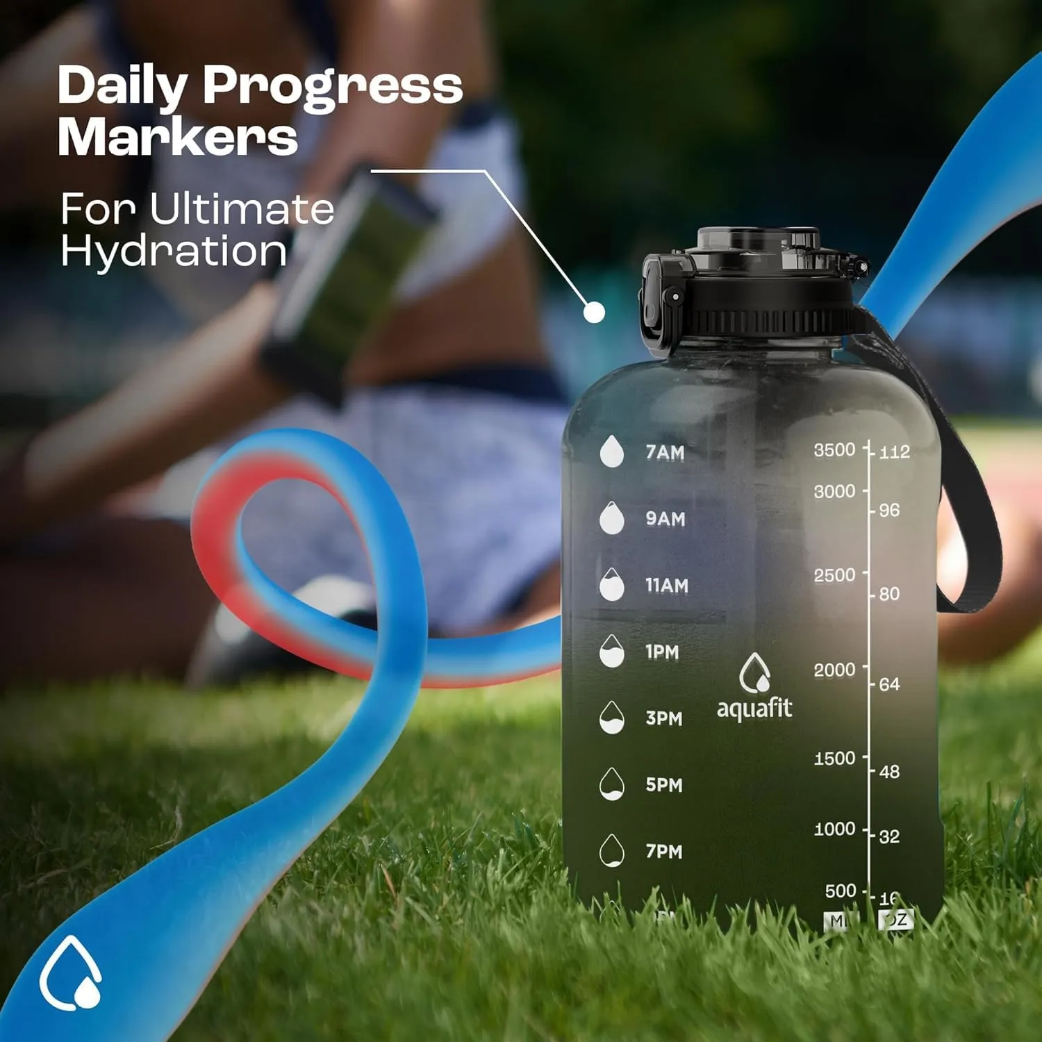 AQUAFIT 1 Gallon Water Bottle with Time Marker - 2in1 Straw & Chug Lid - BPA Free Big Water Bottle with Straw - Gym Water Bottle with Handle - Gallon Water Jug (128 oz - 2in1 Lid, Nebula)