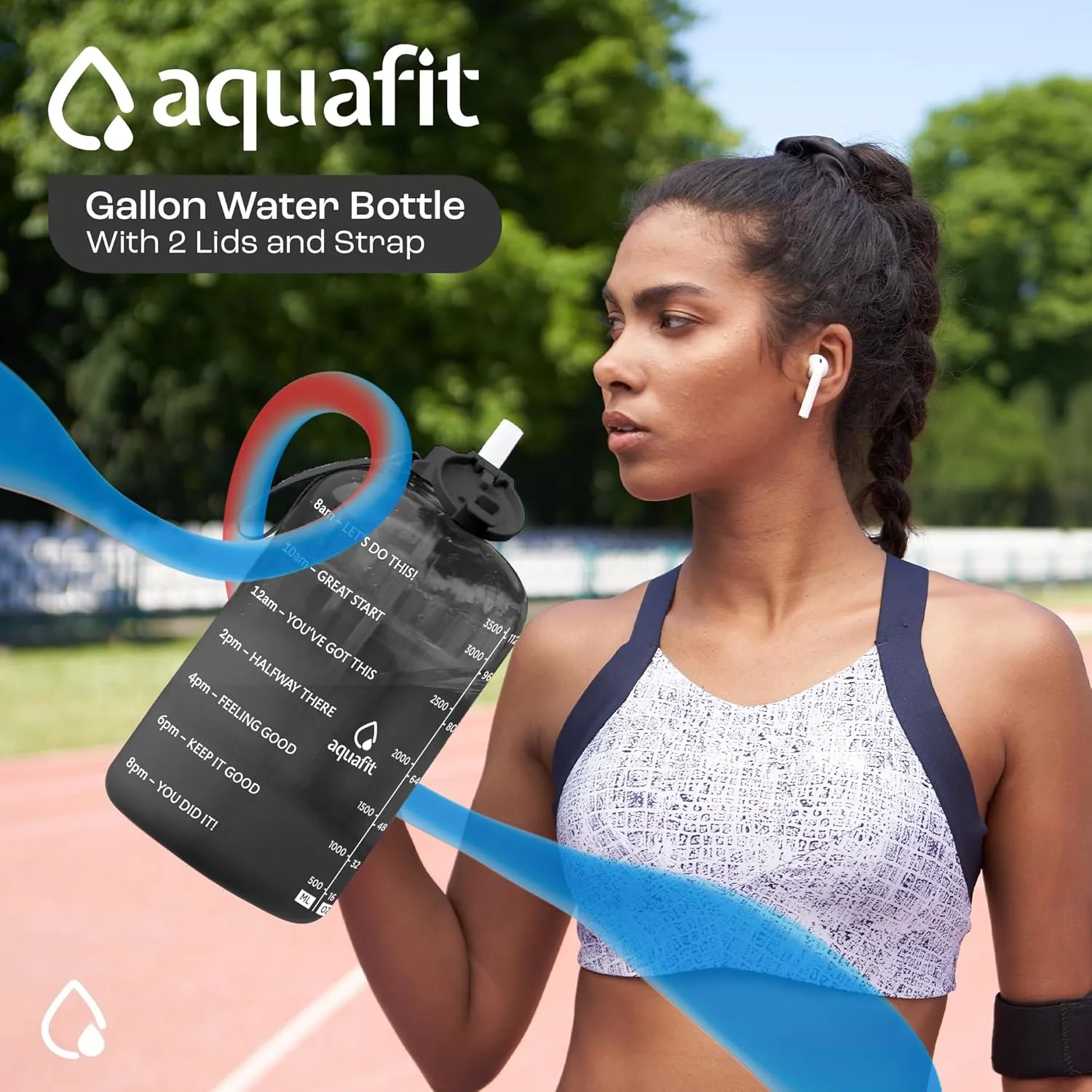 AQUAFIT 1 Gallon Water Bottle With Time Marker - Straw & Chug Lid - BPA Free Big Jug With Handle - Motivational Gym Bottle (128 oz, Clarity)