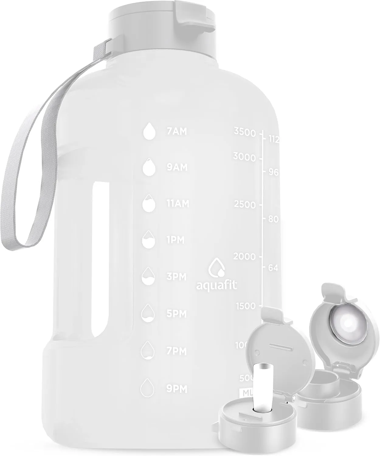 Aquafit 1 Gallon Water Bottle with Time Marker - Straw & Chug Lid - BPA Free Large Water Bottle with Straw - Gym Jug with Handle - 128 Ounces, Frosty