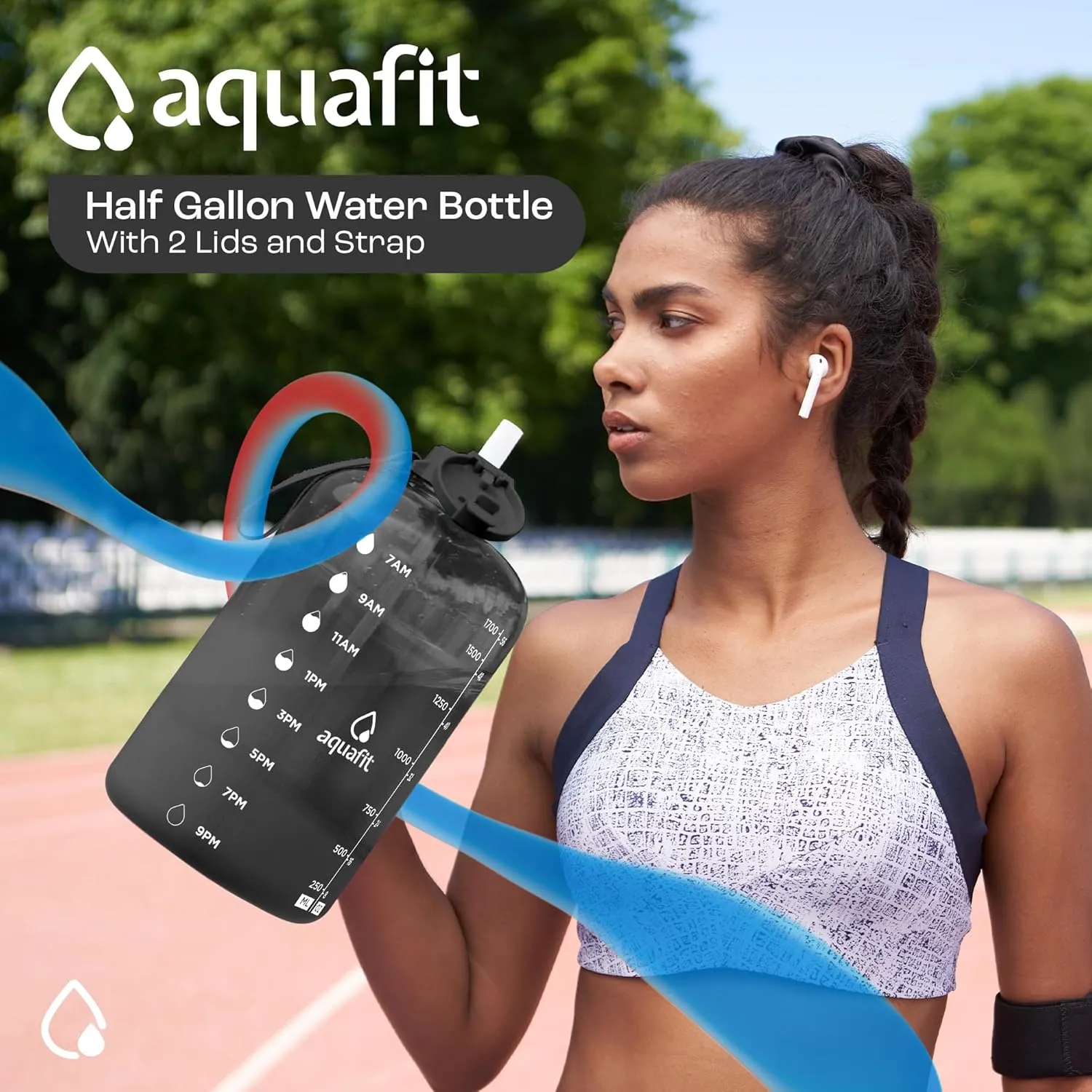 AQUAFIT 64 oz Water Bottle with Time Marker - Straw & Chug Lid - BPA Free Half Gallon, Big, Gym Water Bottle with Handle, Gallon Jug (Forest Fade, 64 Ounces)