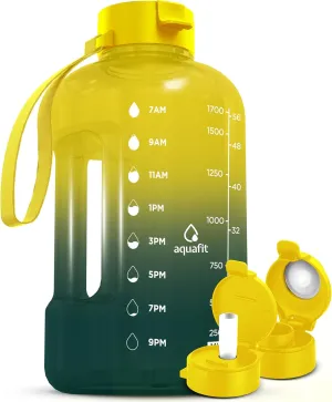 AQUAFIT 64 oz Water Bottle with Time Marker - Straw & Chug Lid - BPA Free Half Gallon, Big, Gym Water Bottle with Handle, Gallon Jug (Forest Fade, 64 Ounces)