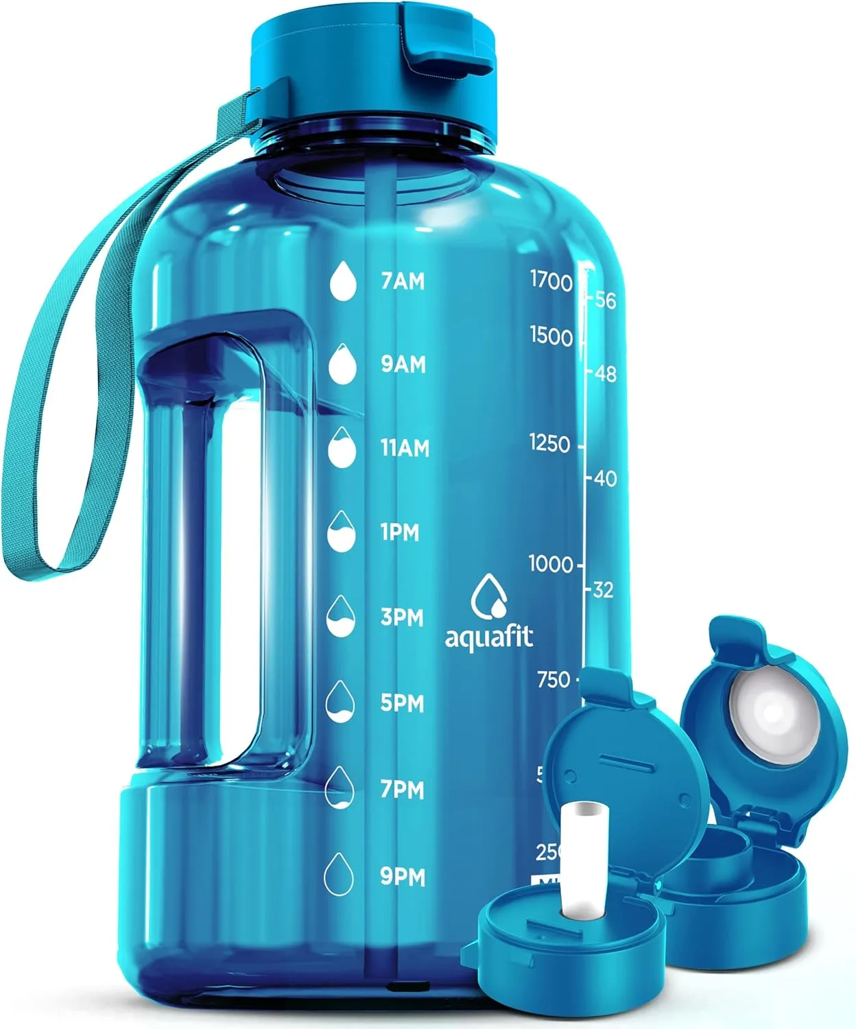 AQUAFIT 64 oz Water Bottle with Time Marker - Straw & Chug Lid - BPA Free Half Gallon, Big With Handle, Gym Bottle (Aqua, 64 Ounces)