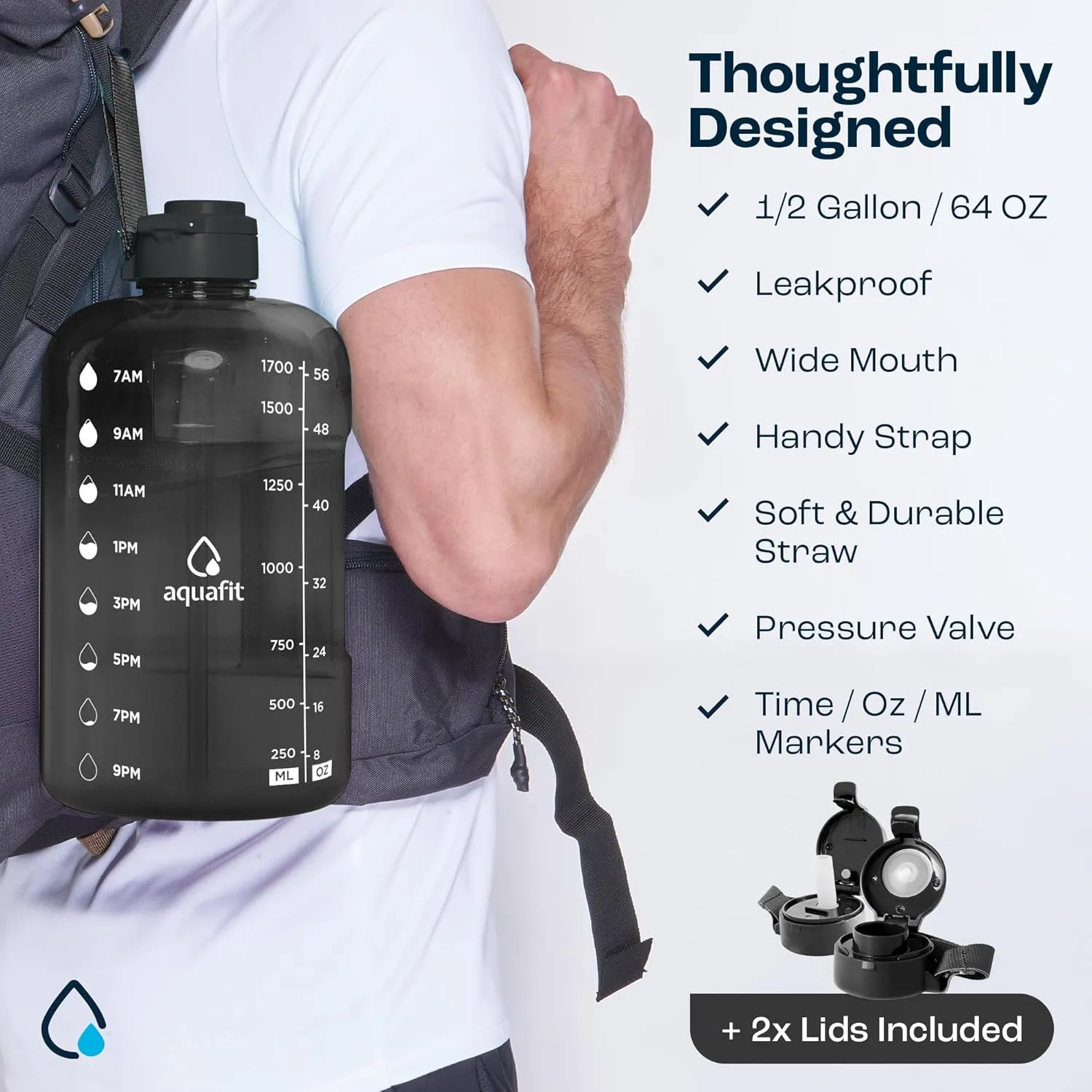 AQUAFIT 64 oz Water Bottle with Time Marker - Straw & Chug Lid - BPA Free Half Gallon, Big With Handle, Gym Bottle (Aqua, 64 Ounces)