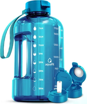 AQUAFIT 64 oz Water Bottle with Time Marker - Straw & Chug Lid - BPA Free Half Gallon, Big With Handle, Gym Bottle (Aqua, 64 Ounces)