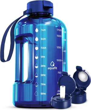 AQUAFIT 64 oz Water Bottle with Time Marker - Straw & Chug Lid - BPA Free Half Gallon Water Bottle, Big Water Bottle with Straw, Gym Water Bottle with Handle, Gallon Water Jug (Blue, 64 Ounces)