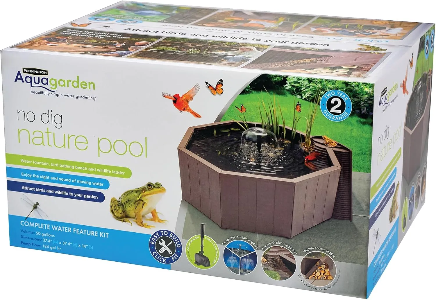 Aquagarden No Dig Nature Pool, Complete Water Feature Kit, Attract Birds and Wildlife to Your Yard, Includes Pond Structure, Liner, Fountain Pump, Nature Ladder, Planting Pocket