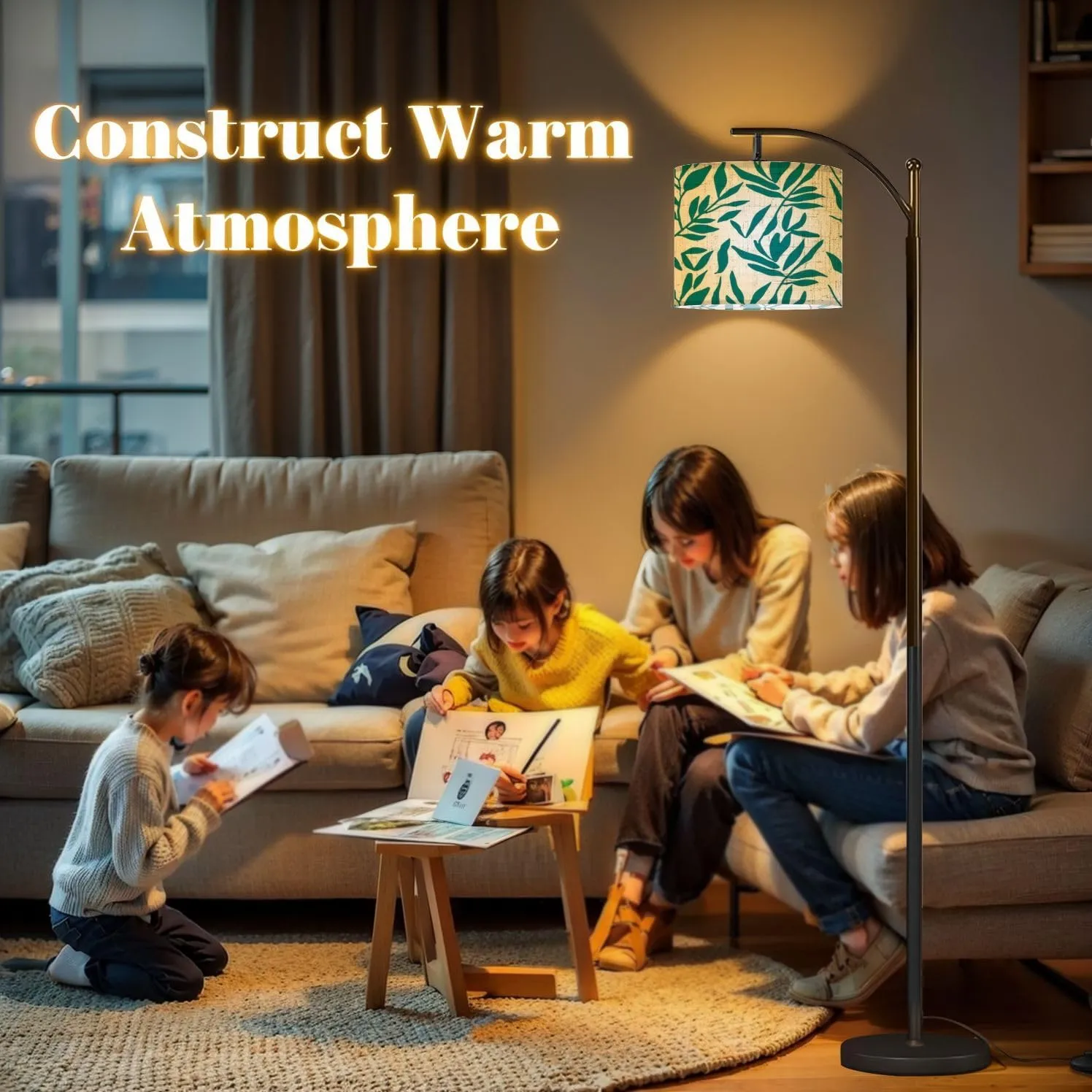 Arc Floor Lamps Green Foliage Texture Modern LED Adjustable Lampshade Standing Light for Living Room Reading Bedroom Office