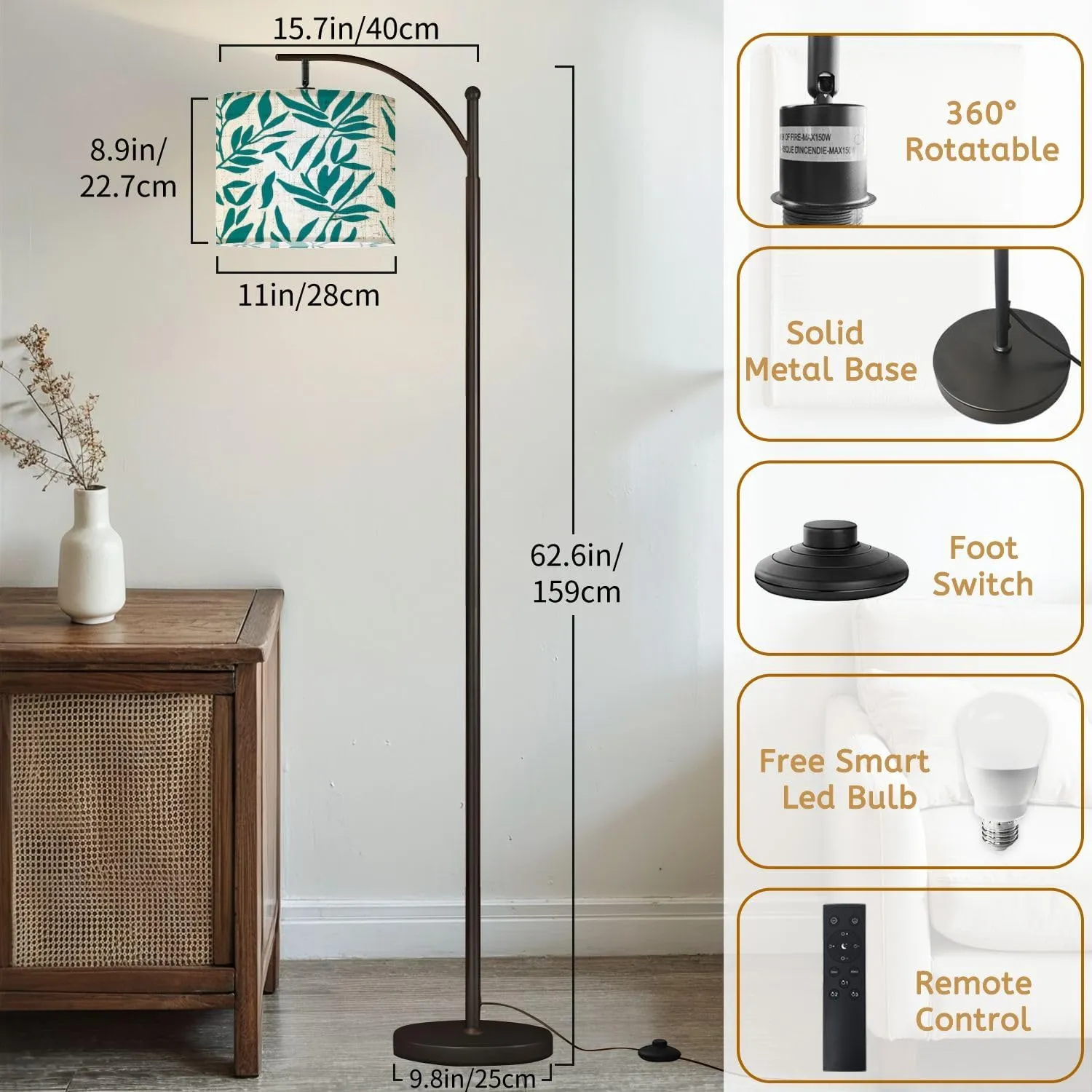 Arc Floor Lamps Green Foliage Texture Modern LED Adjustable Lampshade Standing Light for Living Room Reading Bedroom Office