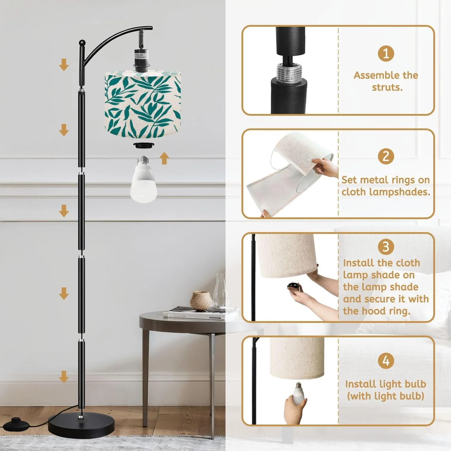 Arc Floor Lamps Green Foliage Texture Modern LED Adjustable Lampshade Standing Light for Living Room Reading Bedroom Office