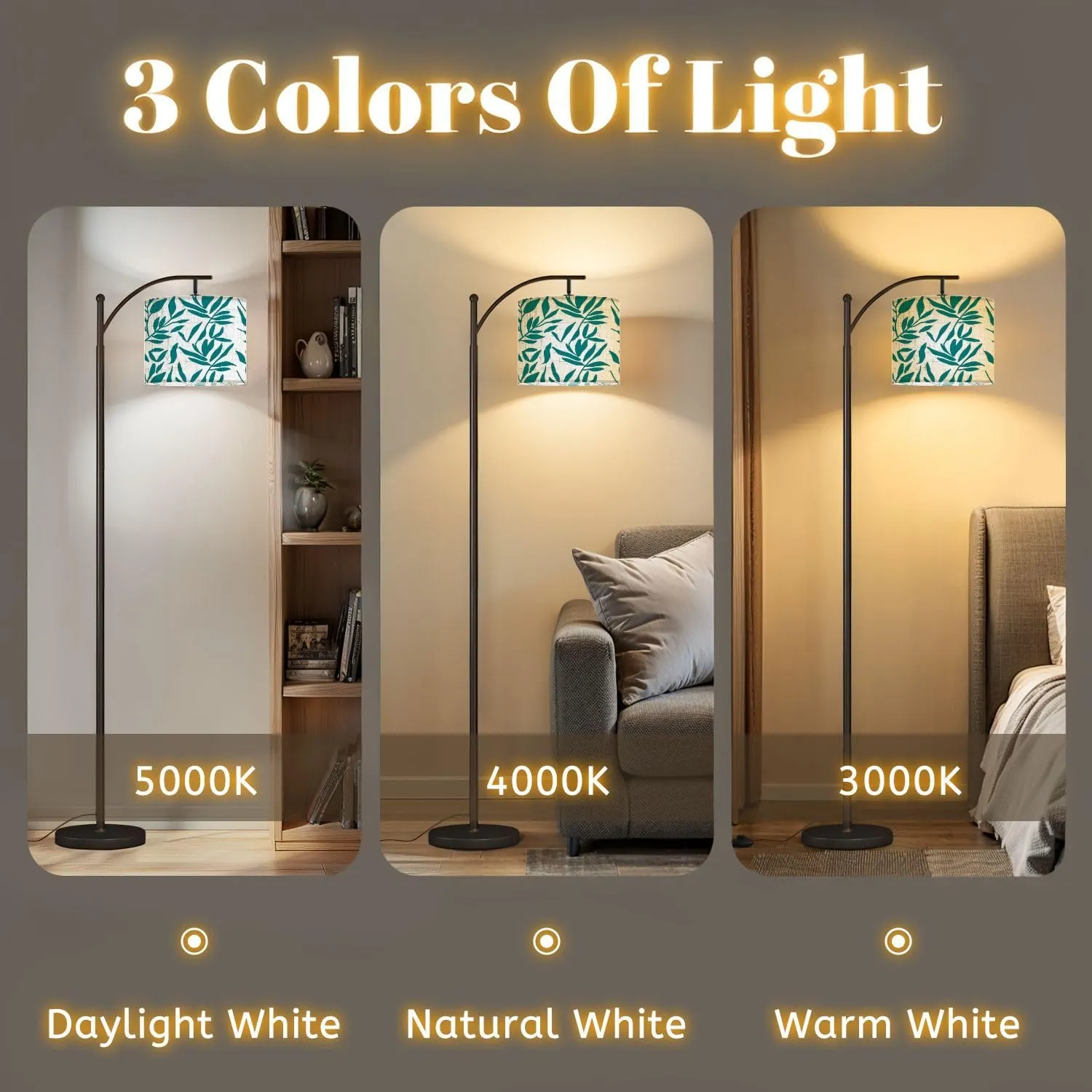 Arc Floor Lamps Green Foliage Texture Modern LED Adjustable Lampshade Standing Light for Living Room Reading Bedroom Office