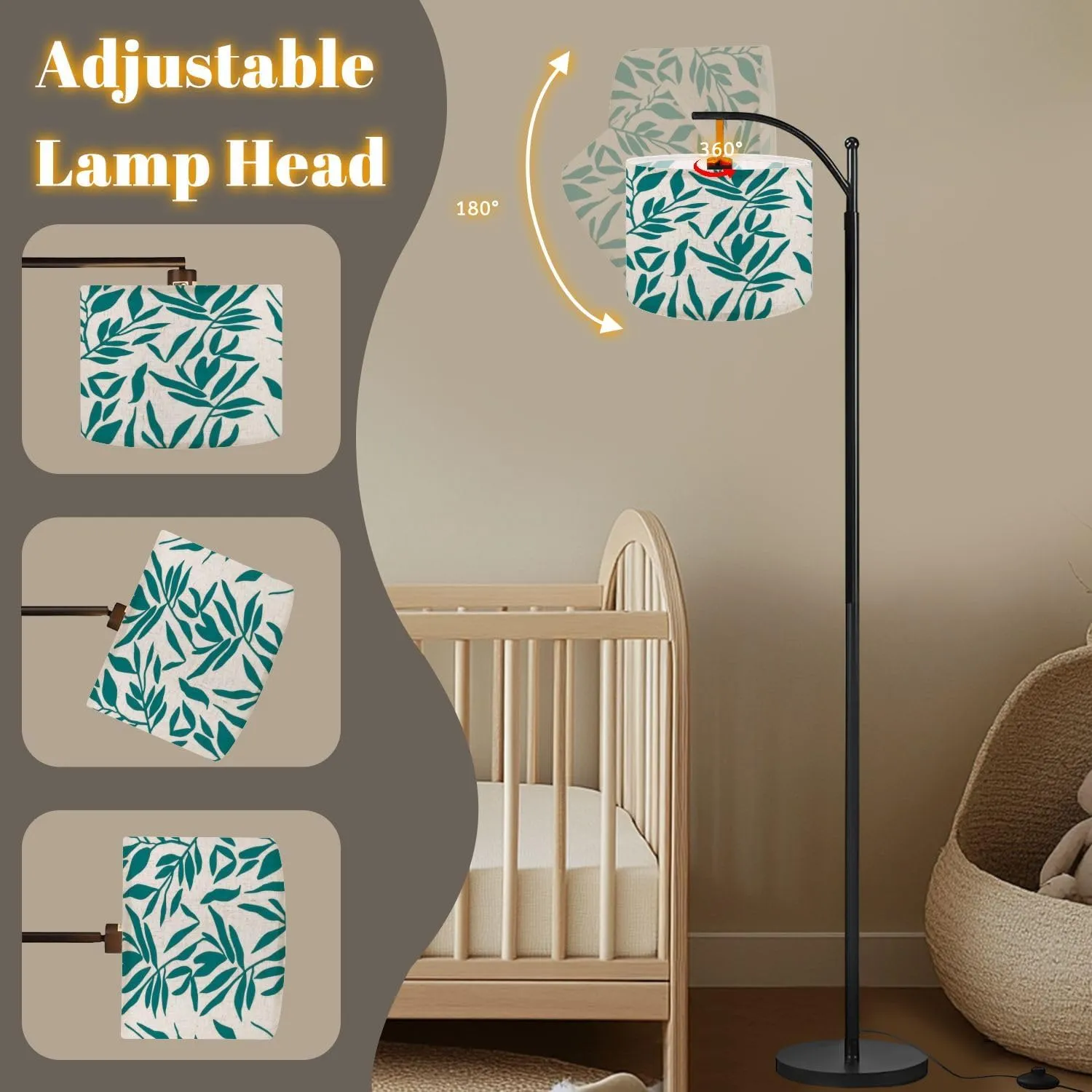 Arc Floor Lamps Green Foliage Texture Modern LED Adjustable Lampshade Standing Light for Living Room Reading Bedroom Office