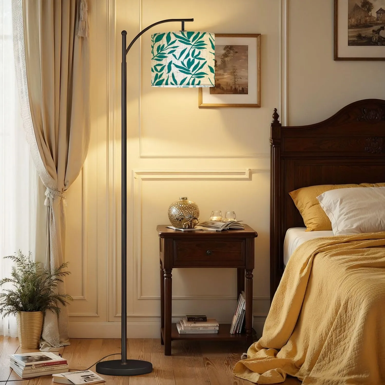 Arc Floor Lamps Green Foliage Texture Modern LED Adjustable Lampshade Standing Light for Living Room Reading Bedroom Office