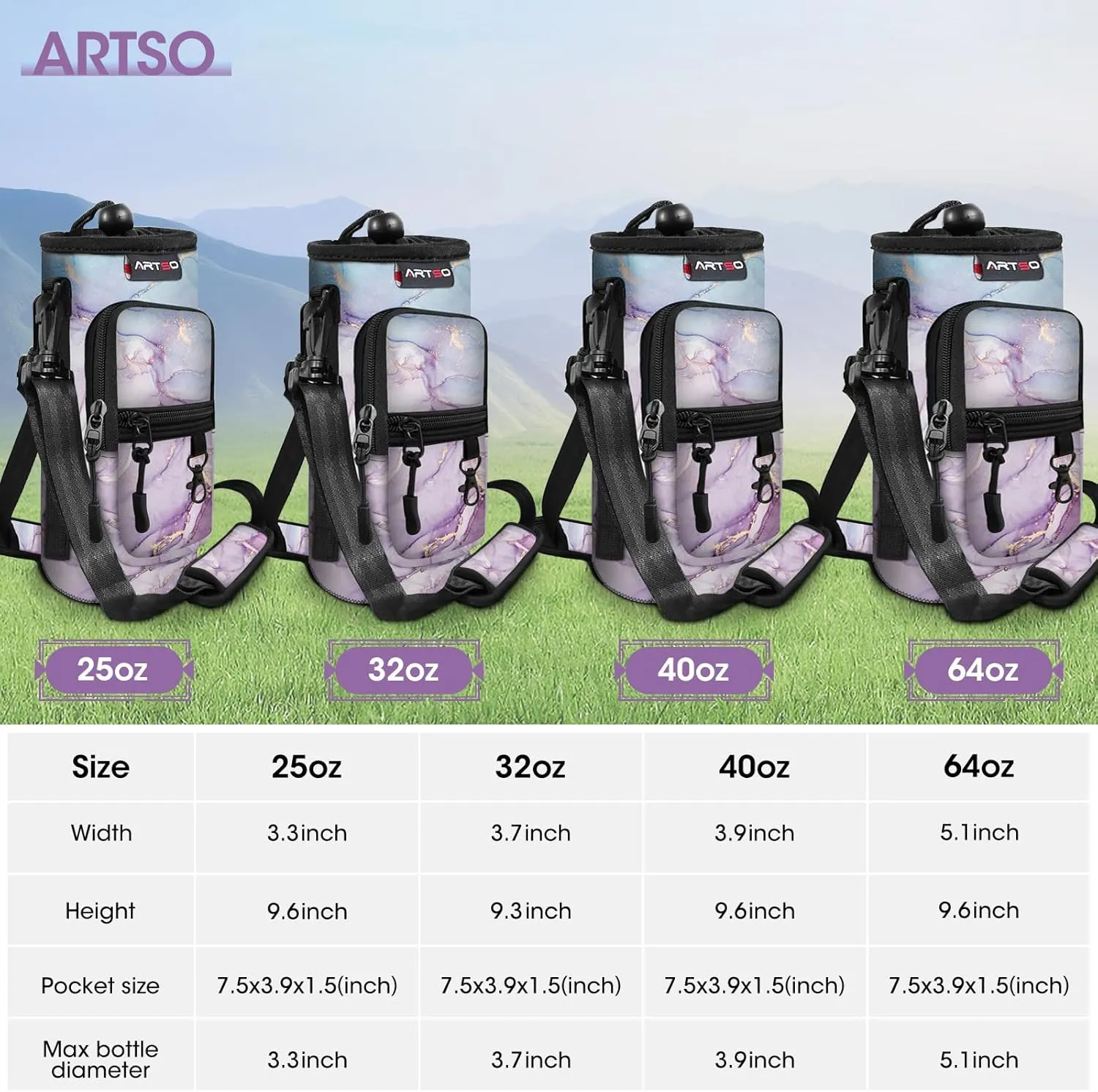 ARTSO Water Bottle Carrier Bag Sling Holder Pouch, 25oz 32oz 40oz 64oz Insulated Water Bottle Sleeve Case Cover with Adjustable Shoulder Hand Strap Pocket for Hiking Camping (32oz,Purple Blue Marble)