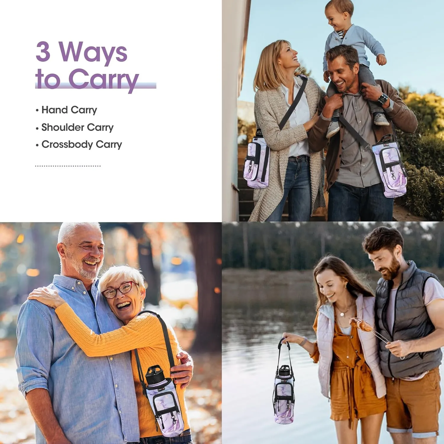 ARTSO Water Bottle Carrier Bag Sling Holder Pouch, 25oz 32oz 40oz 64oz Insulated Water Bottle Sleeve Case Cover with Adjustable Shoulder Hand Strap Pocket for Hiking Camping (32oz,Purple Blue Marble)