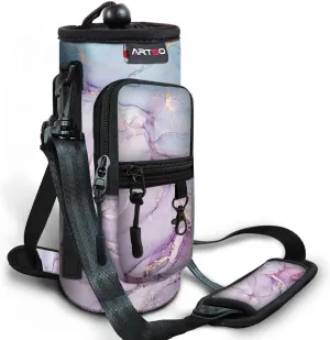 ARTSO Water Bottle Carrier Bag Sling Holder Pouch, 25oz 32oz 40oz 64oz Insulated Water Bottle Sleeve Case Cover with Adjustable Shoulder Hand Strap Pocket for Hiking Camping (32oz,Purple Blue Marble)