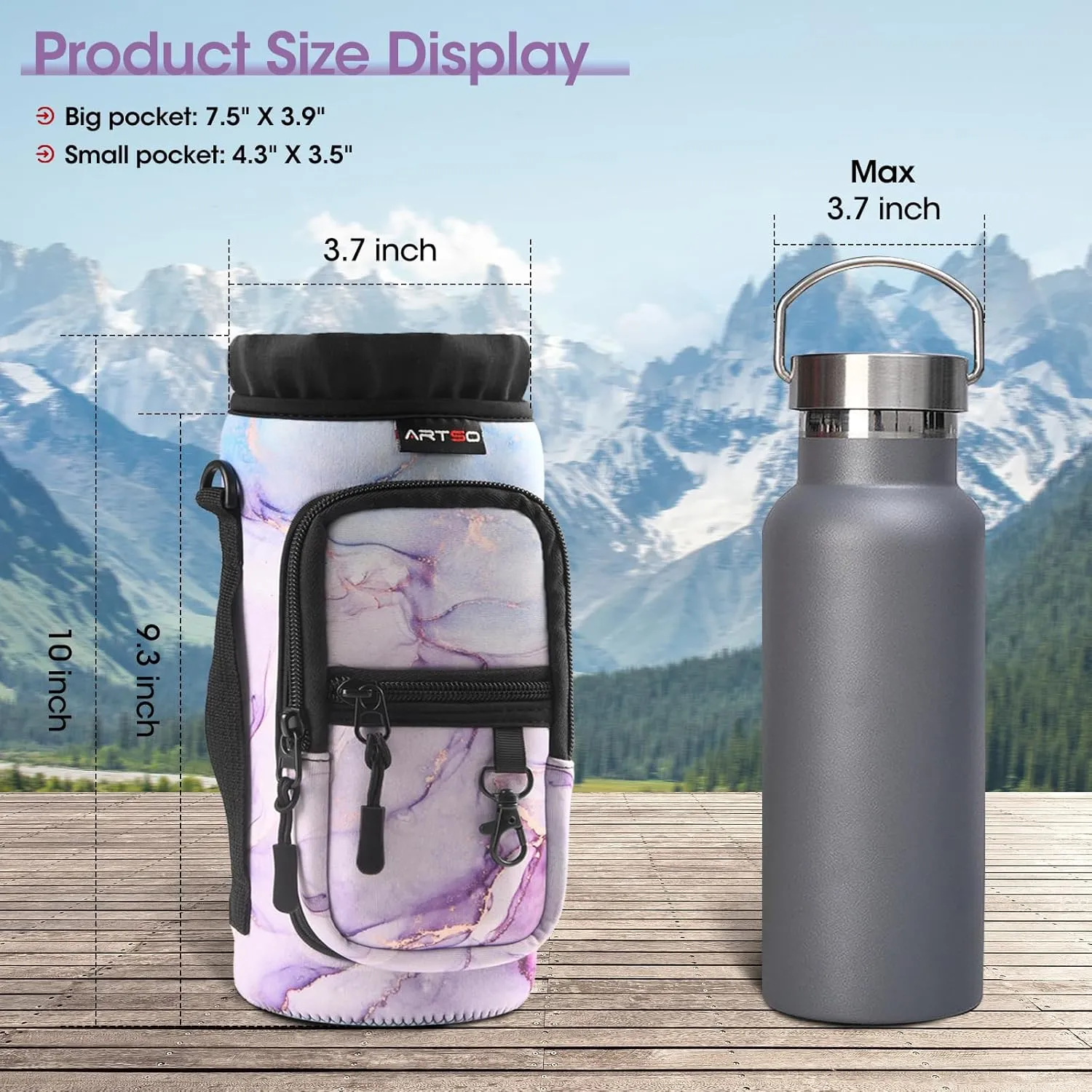 ARTSO Water Bottle Carrier Bag Sling Holder Pouch, 25oz 32oz 40oz 64oz Insulated Water Bottle Sleeve Case Cover with Adjustable Shoulder Hand Strap Pocket for Hiking Camping (32oz,Purple Blue Marble)