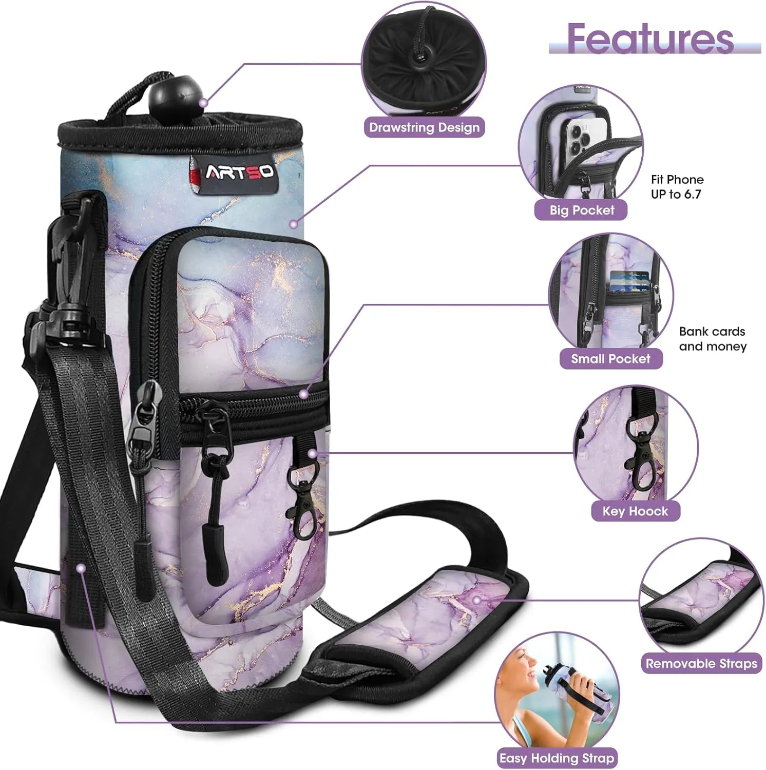 ARTSO Water Bottle Carrier Bag Sling Holder Pouch, 25oz 32oz 40oz 64oz Insulated Water Bottle Sleeve Case Cover with Adjustable Shoulder Hand Strap Pocket for Hiking Camping (32oz,Purple Blue Marble)