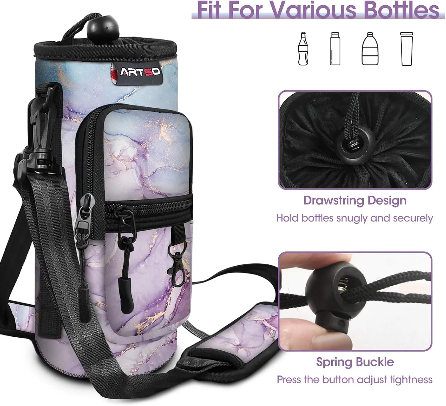 ARTSO Water Bottle Carrier Bag Sling Holder Pouch, 25oz 32oz 40oz 64oz Insulated Water Bottle Sleeve Case Cover with Adjustable Shoulder Hand Strap Pocket for Hiking Camping (32oz,Purple Blue Marble)