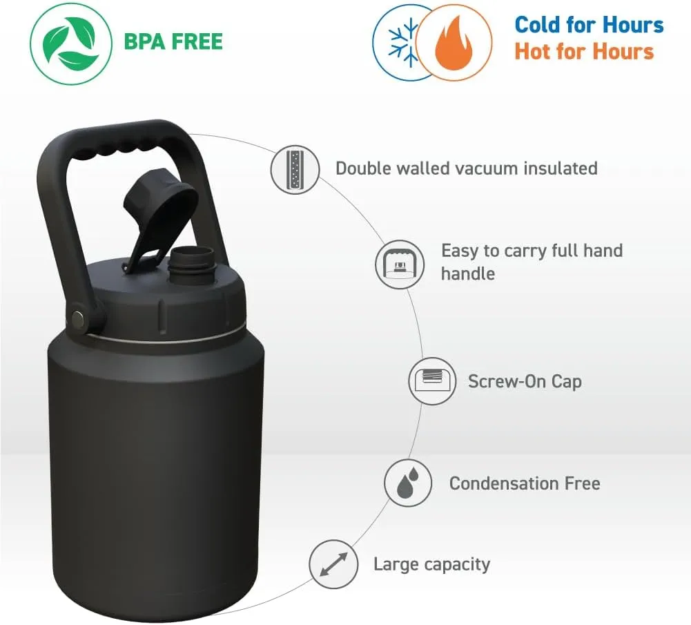 Asobu Mighty Stainless Steel Double Walled Insulated Outdoor Water Jug 68 Ounces - Half Gallon (Black)