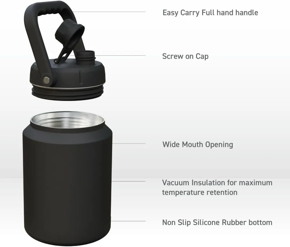 Asobu Mighty Stainless Steel Double Walled Insulated Outdoor Water Jug 68 Ounces - Half Gallon (Black)