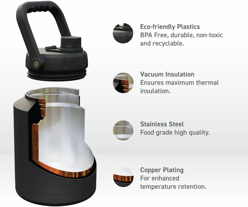 Asobu Mighty Stainless Steel Double Walled Insulated Outdoor Water Jug 68 Ounces - Half Gallon (Black)