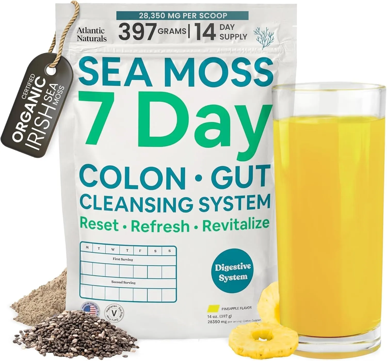 Atlantic Naturals Sea Moss 7-Day Cleanse Colon & Gut Detox - Juice Cleanse Support with Golden Flax Seeds, Psyllium Husk Senna Powder, Body Detox for Women & Men - Pineapple Flavor Mix Drink (14 oz)