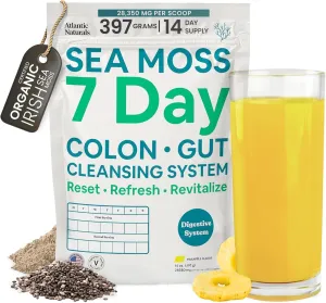 Atlantic Naturals Sea Moss 7-Day Cleanse Colon & Gut Detox - Juice Cleanse Support with Golden Flax Seeds, Psyllium Husk Senna Powder, Body Detox for Women & Men - Pineapple Flavor Mix Drink (14 oz)