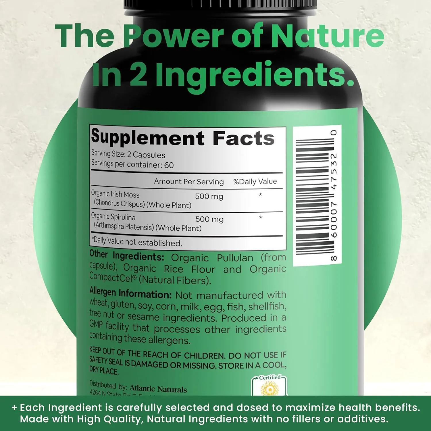 Atlantic Naturals Sea Moss with Spirulina Superfood Capsules - Multivitamin Supplement Supports Healthy Iron and Immune Health, Alternative to Seamoss Gel and Powder - Irish Sea Moss Capsules (120 ct)