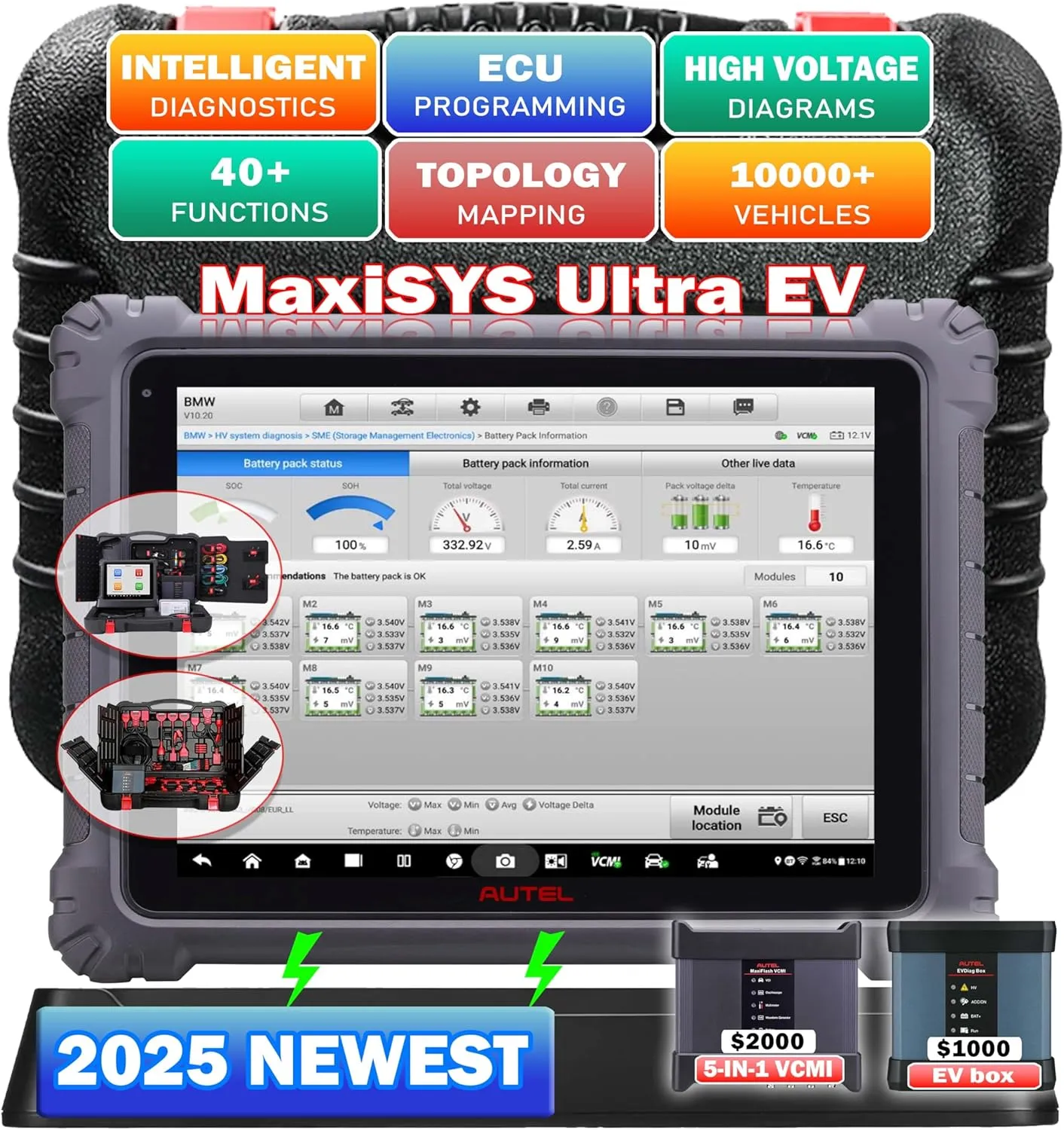 Autel Ultra EV OBD2 Scanner, Upgrade of Autel Ultra/ MS919/ MS909, 2025 Top EV Intelligent Diagnostic Scan Tool, High-Voltage System & Battery Pack Analysis, 5-in-1 VCMI, Topology Mapping