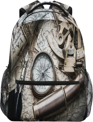 AUUXVA Backpack Vintage Compass Sextant Spyglass Old Map School Shoulder Bag Large Waterproof Durable Bookbag Laptop Daypack for Students Teens Girls Boys Elementary