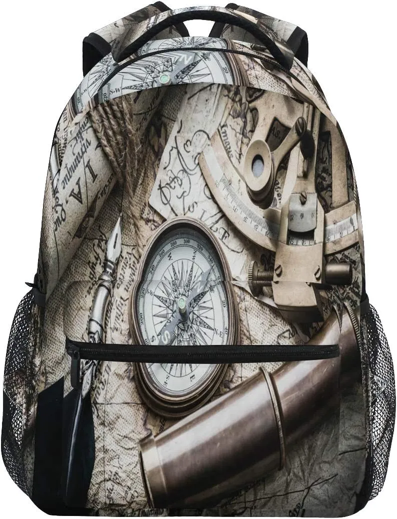 AUUXVA Backpack Vintage Compass Sextant Spyglass Old Map School Shoulder Bag Large Waterproof Durable Bookbag Laptop Daypack for Students Teens Girls Boys Elementary