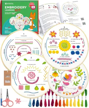 Azenera Beginner Embroidery Kit for Adults (4 Pack), Learn 33 Stitches with Videos, Stamped Design Patterns in Color, Floss, Hoop, Gift