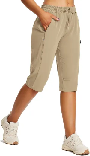 baleaf Women's 15" Long Shorts Below The Knee Capri Hiking Cargo Shorts Lightweight Quick Dry Elastic Waist for Casual